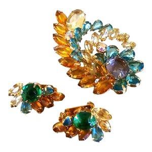 Vintage Uranium Brooch & Earring Set Large Demi Parure Open Back Deltah W/Box